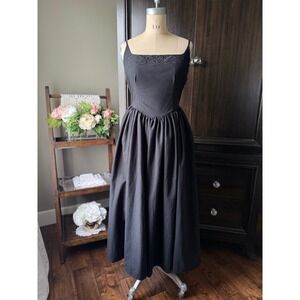 Cider Midi Dress Embroidered Fit Flare Spaghetti Strap Black M Cottagecore